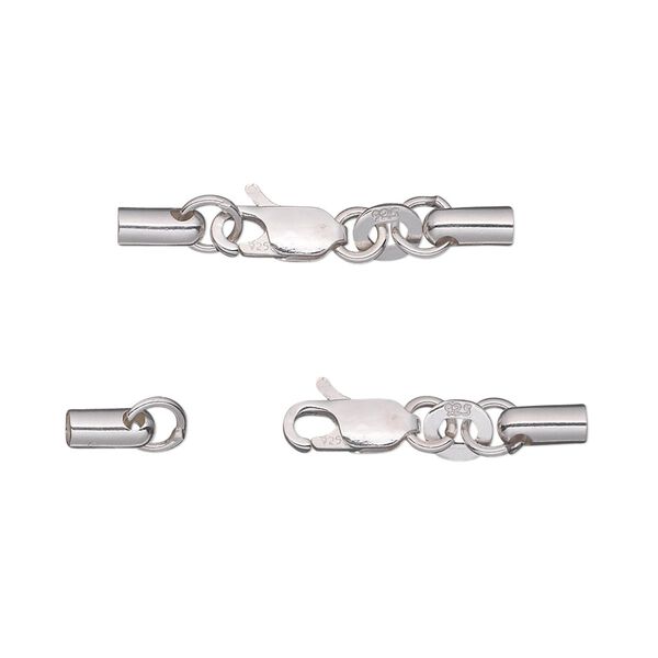 Clasp, lobster claw, sterling silver, 28x5mm overall with 9x5mm clasp and (2) 6x2.5mm cord ends, 2mm inside diameter. Sold individually. image number 0