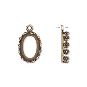 Drop, JBB Findings, antiqued brass, 16x12mm oval with open back and flower design trim, 14x10mm oval bezel setting. Sold per pkg of 2.