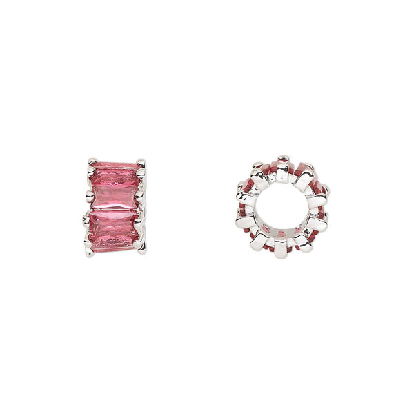 Bead, cubic zirconia and silver-plated brass, fuchsia, 10.5x6mm rondelle. Sold per pkg of 2. image number 0