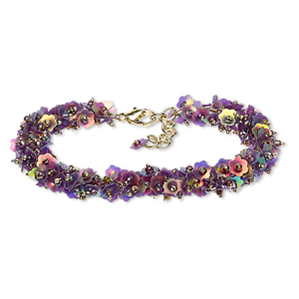 Bracelet, acrylic sequin with gold-finished brass and steel, light purple AB, 12mm wide with 6mm flower, 6-1/2 inches with 1-1/2 inch extender chain and lobster claw clasp. Sold individually. image number 0