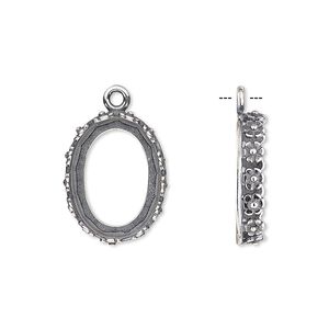 Drop, JBB Findings, antique silver-plated brass, 18x14mm oval with open back and flower design trim, 16x12mm oval bezel setting. Sold per pkg of 2.