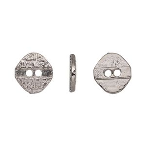 Button, gunmetal-finished "pewter" (zinc-based alloy), 12x11.5mm single-sided textured flat diamond. Sold per pkg of 50.