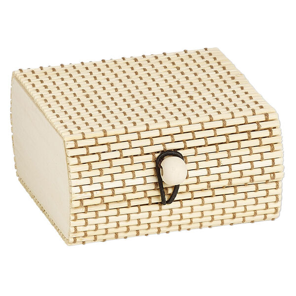 Box, bamboo (natural) and elastic, beige / dark brown / black, 3 x 3 x 1-1/2 inch rounded square with button closure. Sold individually. image number 0