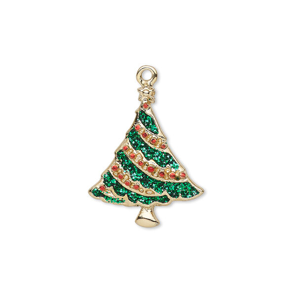 Charm, enamel and gold-finished "pewter" (zinc-based alloy), red and green with glitter, 21x17mm single-sided Christmas tree. Sold individually. image number 0