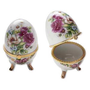 Trinket box, porcelain and gold-finished acrylic, white and multicolored, 4x2-inch hinged egg with floral decal. Sold individually.