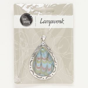 Pendant, antique silver-finished "pewter" (zinc-based alloy) and glass, green and light blue, 45x34mm cutout teardrop with silver-colored foil and copper-colored foil. Sold individually.