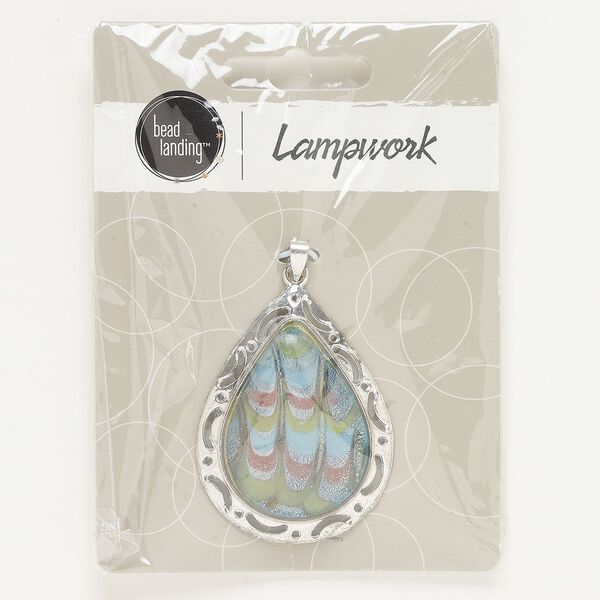 Pendant, antique silver-finished "pewter" (zinc-based alloy) and glass, green and light blue, 45x34mm cutout teardrop with silver-colored foil and copper-colored foil. Sold individually. image number 0