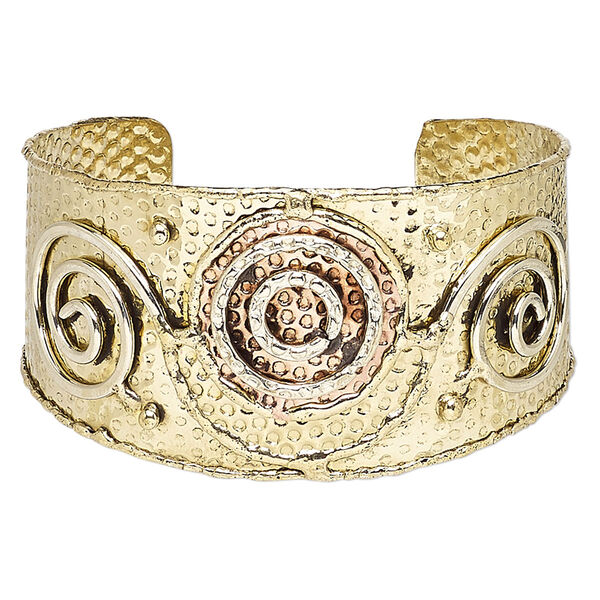 Bracelet, cuff, copper-plated and gold-finished brass, 40mm wide with hammered / circle / spiral design, adjustable from 7-1/2 to 8-1/2 inches. Sold individually. image number 0