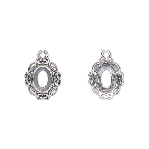 Drop, antiqued sterling silver, 12.5x10.5mm overall with 7x5mm oval setting and open back. Sold individually. image number 0