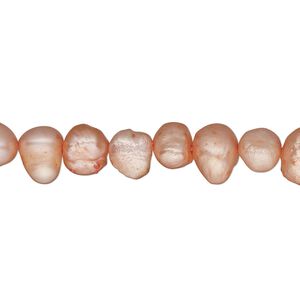 Pearl, cultured freshwater (dyed), salmon, 6-7mm flat sided potato, D grade, Mohs hardness 2-1/2 to 4. Sold per 15-inch strand.