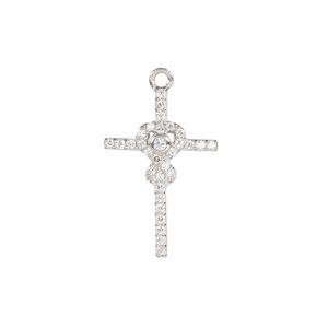 Drop, cubic zirconia and rhodium-plated sterling silver, clear, 23x15mm single-sided cross. Sold individually.