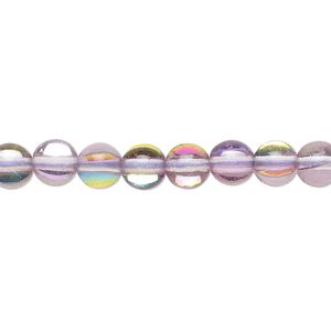 Bead, iridescent glass, transparent purple and multicolored, 6mm round. Sold per 15-1/2 to 16-inch strand.