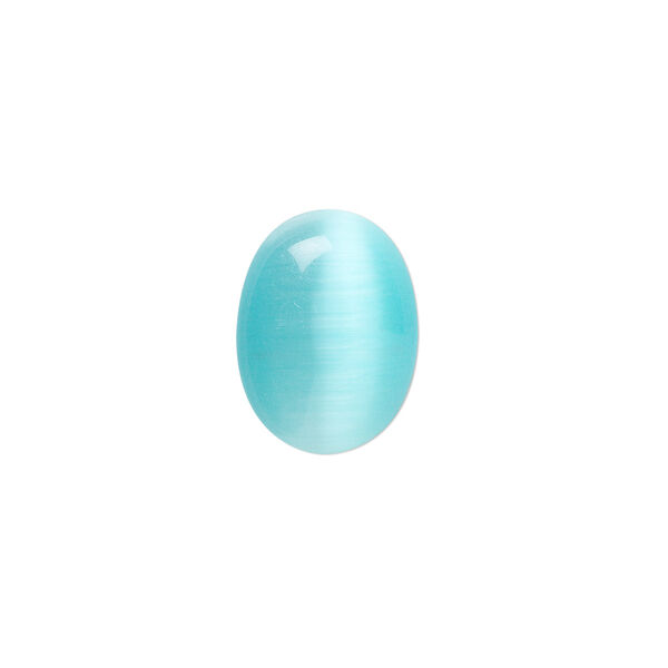 Cabochon, cat's eye glass (fiber optic glass), turquoise blue, 8x6mm calibrated oval, quality grade. Sold per pkg of 10. image number 0