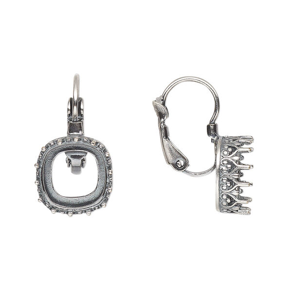 Ear wire, JBB Findings, antique silver-plated brass, 20mm leverback with open back and 10mm cushion bezel setting. Sold per pair. image number 0