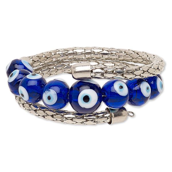 Bracelet, Everyday Jewelry, glass and imitation rhodium-plated steel, multicolored, 23mm wide with 8-12mm graduated round and wards off the evil eye design, 8-1/2 inch adjustable. Sold individually. image number 0