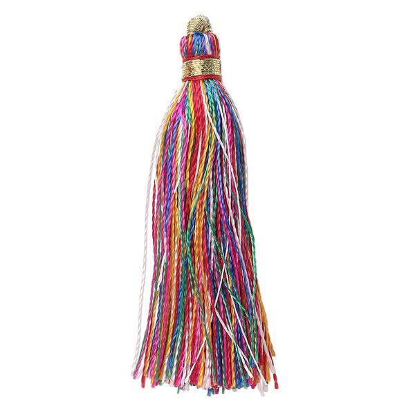Tassel, silk (imitation) and gold-finished copper, multicolored, 1-3/4 to 2 inches. Sold per pkg of 12. image number 0