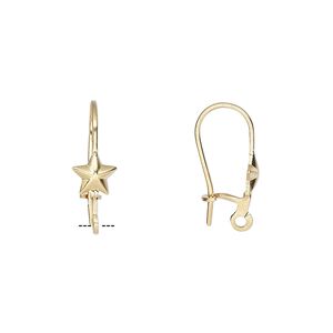 Ear wire kidney 1pkg10 gold-plated, 17mm / 6mm star / open loop, 20-21 gauge brass 5 pair