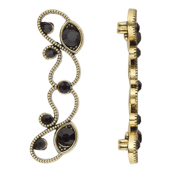 Spacer, antiqued gold-finished "pewter" (zinc-based alloy) and Czech glass rhinestone, black, 45x13mm 2-strand with fancy design. Sold per pkg of 4. image number 0