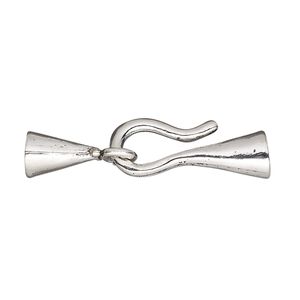 Clasp hook&eye 1pkg1 silver-plated pewter (tin alloy), 35x10mm cone / fits 4.5mm cord, antique 1-strand