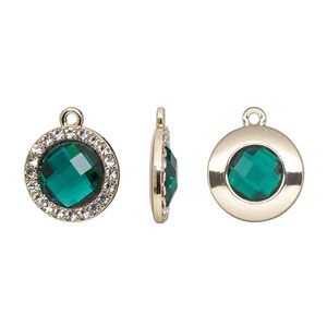 Drop, glass / glass rhinestone / gold-finished "pewter" (zinc-based alloy), clear and transparent emerald green, 17mm single-sided round. Sold per pkg of 2.