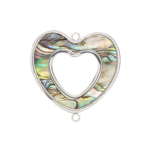 Link, paua shell (assembled) / resin / imitation rhodium-finished brass, multicolored, 26x24mm double-sided open heart. Sold individually. image number 0
