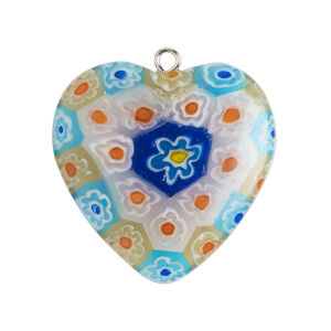 Focal 1pkg1, silver-finished steel / millefiori glass, translucent and transparent multicolored, 29-31mm puffed heart.