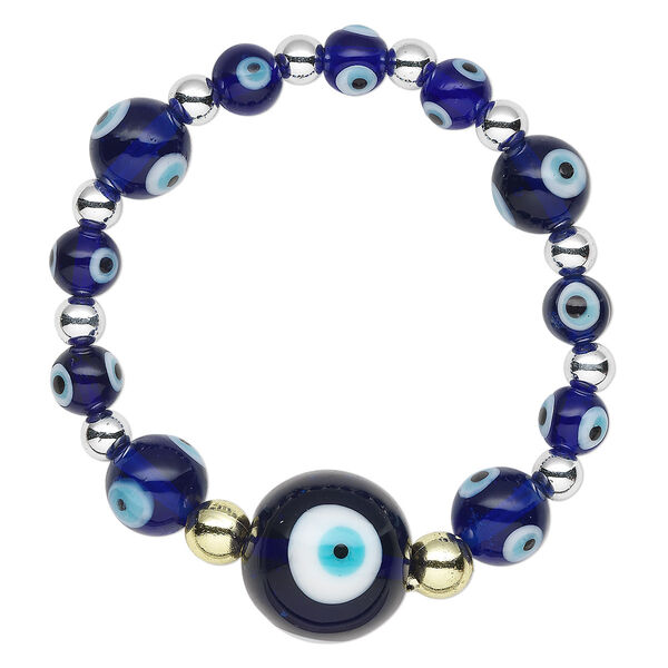Bracelet, stretch, glass / acrylic / gold-finished or imitation rhodium-plated steel, multicolored, 5-18mm round with wards off the evil eye design, 6 inches. Sold individually. image number 0