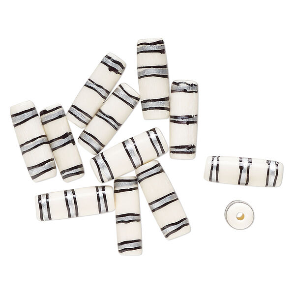 Bead, bone (dyed), white / black / silver, 25x9mm-24x7mm hand-painted tube with line design. Sold per pkg of 12. image number 0