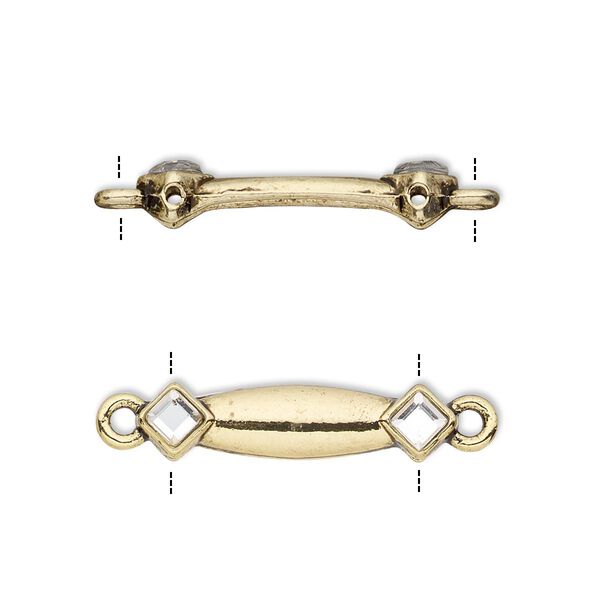 Link, glass rhinestone and antiqued gold-finished "pewter" (zinc-based alloy), clear, 24x6mm double-drilled bar with diamond design, fits up to 18mm bead. Sold per pkg of 10. image number 0
