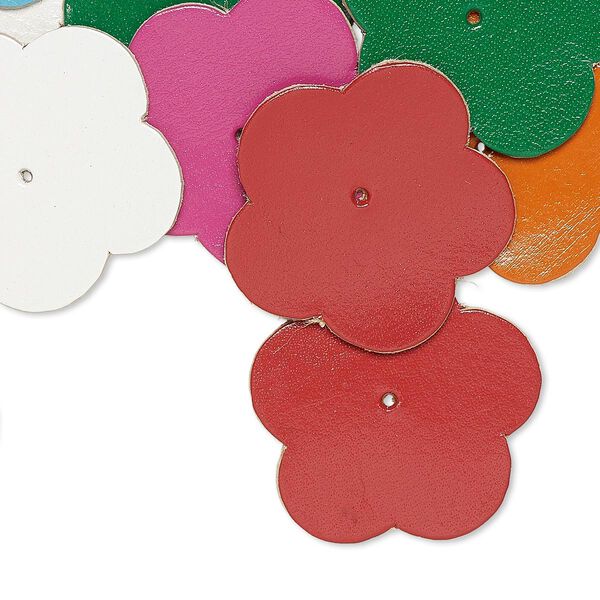 Component, leather (dyed), assorted colors, 36x35mm flower. Sold per pkg of 16. image number 0