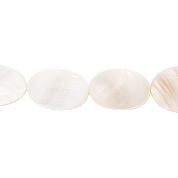 Bead, mother-of-pearl shell (natural / bleached), white, 14x10mm-16x12mm flat oval with 0.6-0.8mm hole, Mohs hardness 3-1/2. Sold per 15-1/2" to 16" strand. image number 0