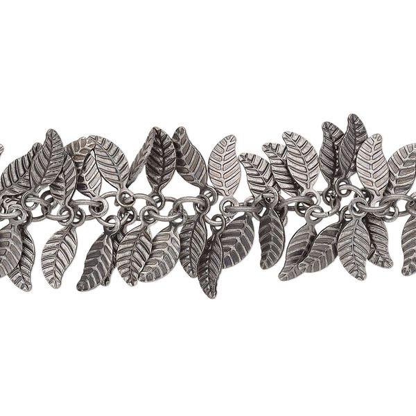 Chain, antique silver-plated brass, 7x3.5mm double-sided leaf. Sold per pkg of 1 foot. image number 0