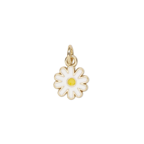 Charm, gold-finished "pewter" (zinc-based alloy) and enamel, white and yellow, 10mm daisy flower. Sold per pkg of 6. image number 0