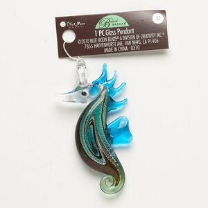 Pendant, lampworked glass, multicolored with silver-colored foil and copper-colored glitter, 57x31mm-63x39mm seahorse with swirls. Sold individually.