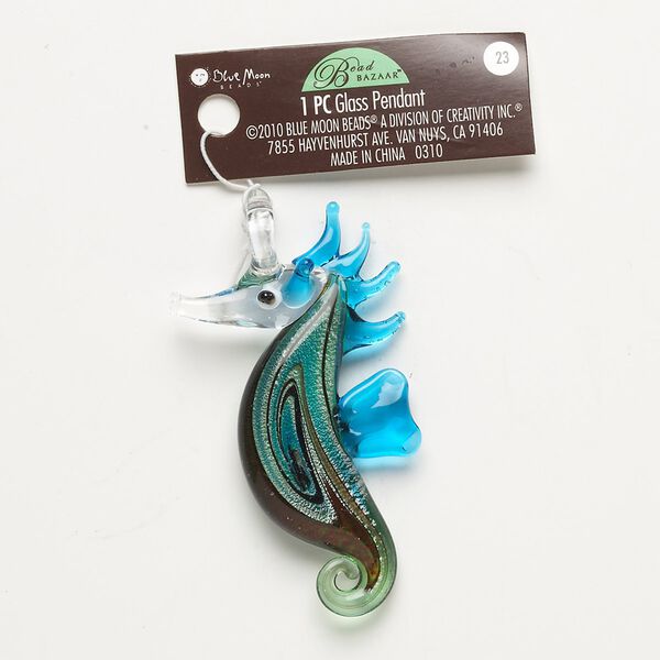 Pendant, lampworked glass, multicolored with silver-colored foil and copper-colored glitter, 57x31mm-63x39mm seahorse with swirls. Sold individually. image number 0