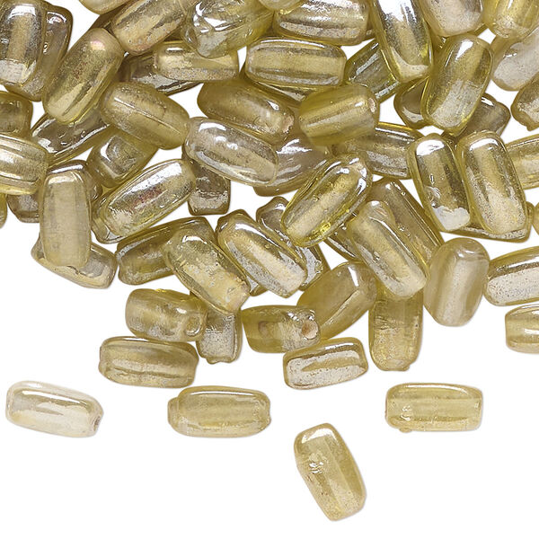 Bead, glass, translucent yellow-green luster, 7x3mm-8x4mm square tube. Sold per 2-ounce pkg of approximately 275 beads. image number 0