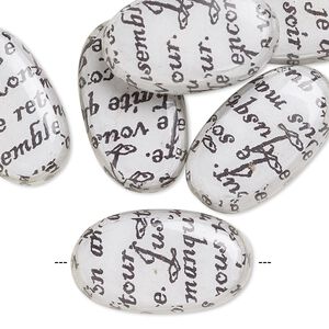 Bead, wood / newspaper / wood, white and black, 24x14mm double-sided flat oval with phrase in French. Sold per pkg of 8.
