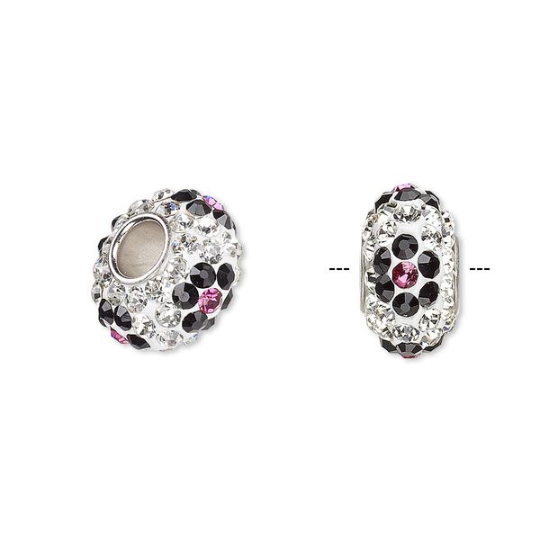 Bead, Dione®, Czech glass rhinestone / epoxy / imitation rhodium-plated brass grommet, multicolored, 13x8mm-14x8mm rondelle with flower, 4.5mm hole. Sold individually. image number 0