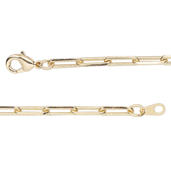 Chain, gold-finished brass, 3.3mm paperclip, 16 inches with lobster claw clasp. Sold individually. image number 0
