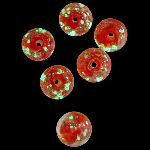 Bead, lampworked glass, clear / red / glow-in-the-dark / gold, 10mm round. Sold per pkg of 6. image number 1