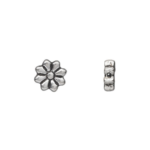 Bead, antique silver-plated "pewter" (zinc-based alloy), 9x9mm double-sided flat flower. Sold per pkg of 50. image number 0