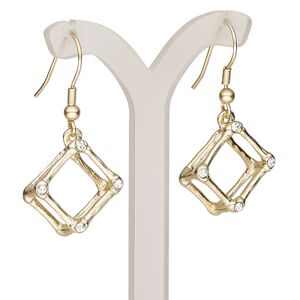 Earring, Everyday Jewelry, glass rhinestone / gold-finished brass / "pewter" (zinc-based alloy), clear, 38mm with open cube and fishhook ear wire. Sold per pair.