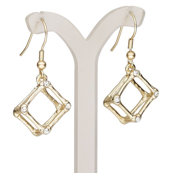 Earring, Everyday Jewelry, glass rhinestone / gold-finished brass / "pewter" (zinc-based alloy), clear, 38mm with open cube and fishhook ear wire. Sold per pair. image number 0