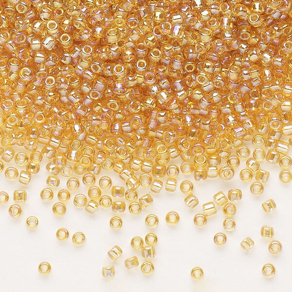Seed bead, Dyna-Mites™, glass, pkg/40g, #11 round, translucent rainbow amber yellow, (2R 11/0 RR). image number 0