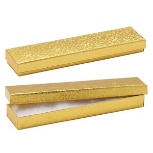 Box, paper, "cotton"-filled, gold, 8-1/8 x 1-7/8 x 7/8 inch rectangle. Sold per pkg of 10.