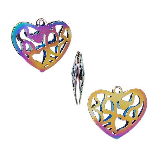 Charm, electro-coated stainless steel, 18x15mm double-sided domed heart with textured cut-out fancy design. Sold per pkg of 6. image number 0