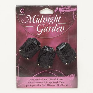 Bead, spacer, silver-finished steel / lace / acrylic, black, rectangle, fits up to 13.5mm beads. Sold per pkg of 3.