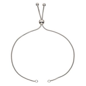 Bracelet component, silicone and stainless steel, clear, 1.4mm box chain, 10 inches with 7mm round adjustable slider bead and (2) 4mm balls with 2 open loops. Sold individually.