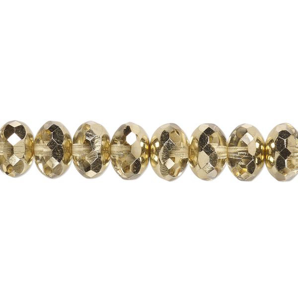 Bead, Czech fire-polished glass, transparent metallic pale gold, 9x5mm faceted rondelle. Sold per 15-1/2" to 16" strand. image number 0