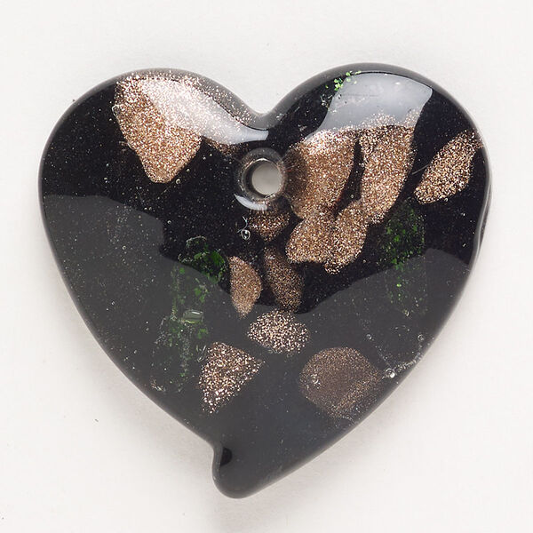 Focal, lampworked glass, pkg/1, opaque black and green, 37x35-38x36mm top-drilled puffed heart with flat back. image number 0